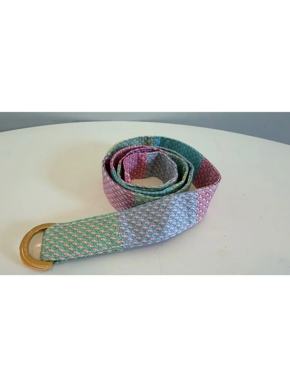 Vineyard Vines Patchwork Whale Design Silk D-Ring Belt Large Adjustable Preppy